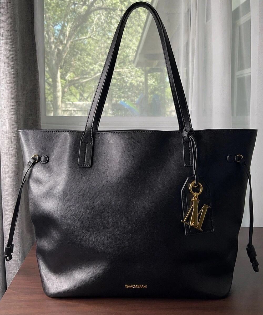 Isaac Mizrahi Saffiano Black Leather Monogram Large Tote Bag Purse With IM Tag